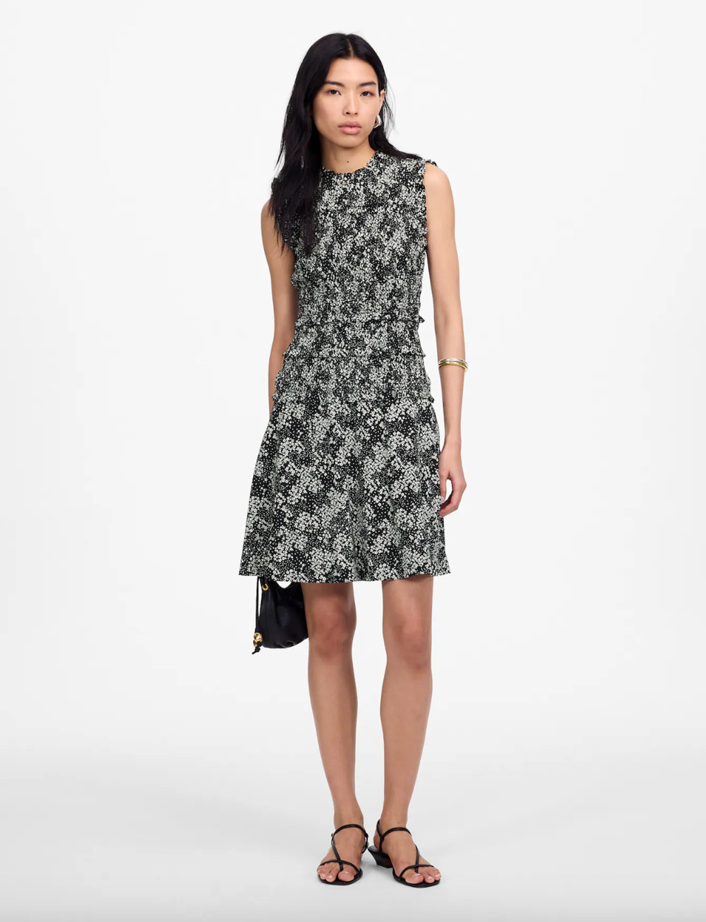 Madewell Smocked Crewneck Mini Dress Harper Floral Boho Black White US 00 NWT
